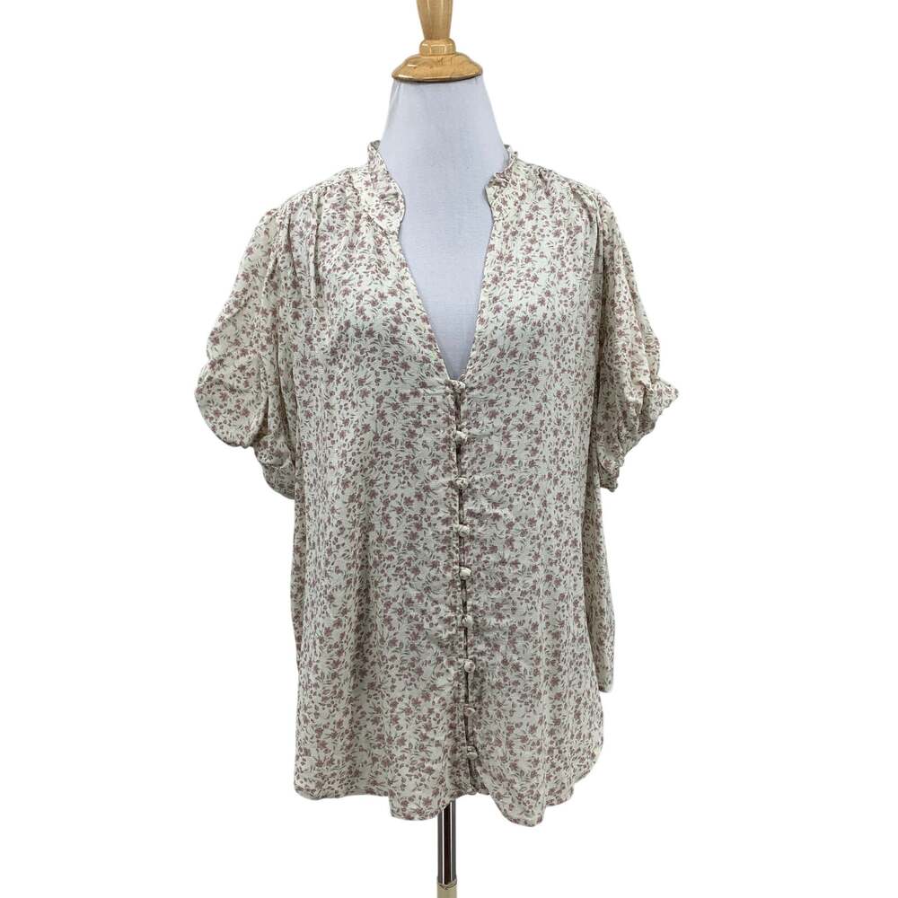 Torrid Blouse Womens 0 Beige Challis Dobby Button Up Classic Country Floral Boho